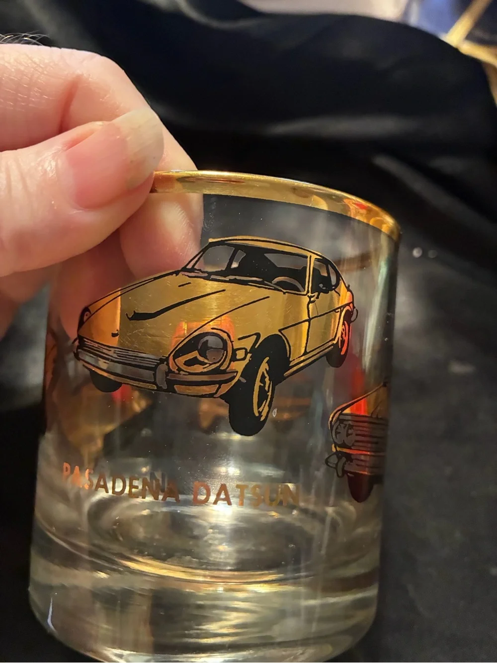 Vintage Gold Trim Glass lowball tumbler Pasadena Datsun